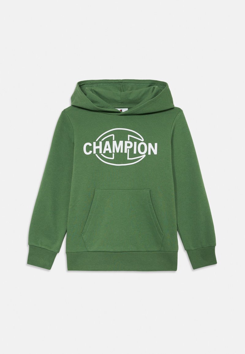 Grønn hettegenser med lommer foran, med en stor hvit "Champion"-logo på brystet. Laget av mykt stoff med en teksturert overflate.