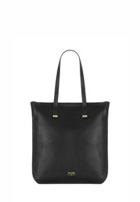 Czarna skórzana torba typu tote ma fakturowaną powierzchnię, podwójne górne uchwyty oraz akcenty w kolorze złotym. Prosta kwadratowa forma bez widocznych zapięć.