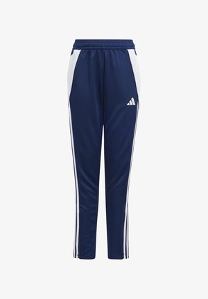 Marineblauwe sportbroek met een elastische tailleband, witte zijstrepen en een klein logo-detail. Gemaakt van glad, synthetisch materiaal.