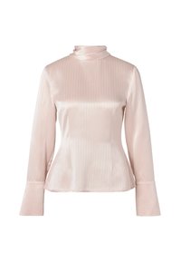 Pale pink satin blouse with a high neck, long sleeves, and subtle vertical stripes. Flared hem and buttoned cuffs. Smooth texture.