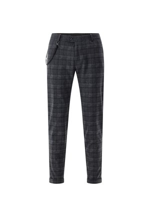 Dark gray men's slim-fit plaid trousers with cuffed hems and a black clip accessory attached near the waistband.