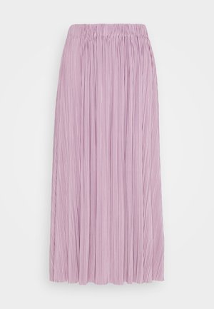 Falda midi plisada de color lila claro con cintura elástica, confeccionada con tela ligera.