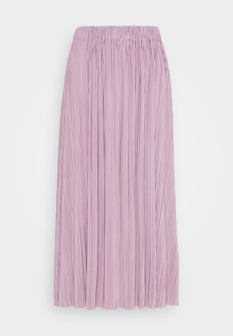 Jupe midi plissée violet clair avec une taille élastique, fabriquée en tissu léger.