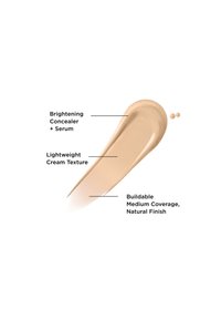 Tache de crème beige étiquetée comme anti-cernes éclaircissant et sérum, texture crème légère, couvrance moyenne modulable avec fini naturel.