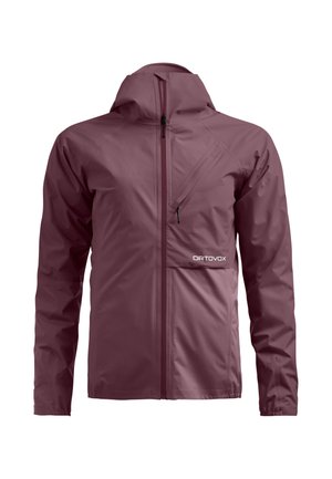 Maroon lightweight jacket with hood, front zipper, angled zip pocket on chest, and ORTOVOX logo on lower right front.