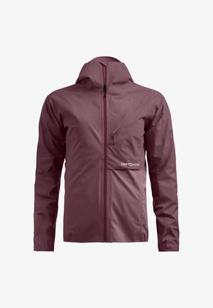 Maroon lightweight jacket with hood, front zipper, angled zip pocket on chest, and ORTOVOX logo on lower right front.