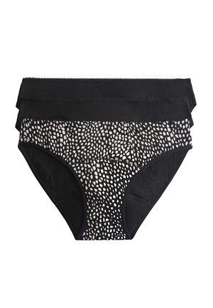 Trois culottes hipster pour femmes en noir, dont une paire présente un motif animal noir et blanc.