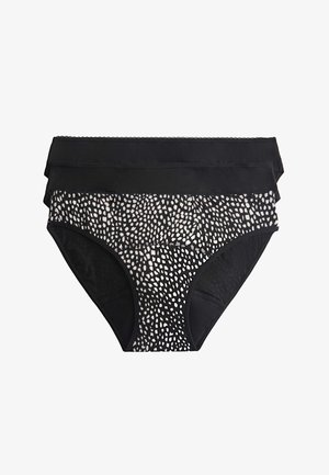Tres bragas tipo hipster para mujer en negro, con un par que presenta un estampado animal en blanco y negro.