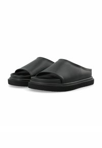Sandali neri con una tomaia in pelle liscia, design open toe, soletta imbottita e una spessa suola in gomma, con uno stile minimalista.