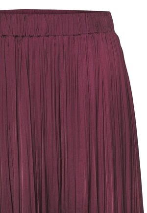 Plissé midi skirt in deep burgundy, featuring a stretchy waistband and vertical pleats, made from lightweight, smooth fabric.