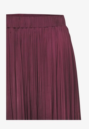 Plissé midi skirt in deep burgundy, featuring a stretchy waistband and vertical pleats, made from lightweight, smooth fabric.