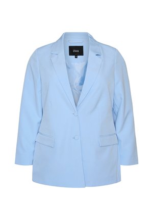 Vaaleansininen naisten bleiseri lovikauluksilla, kahdella etunapilla, läppätaskuilla ja sileällä vuorella, koko 44, merkki Zizzi.