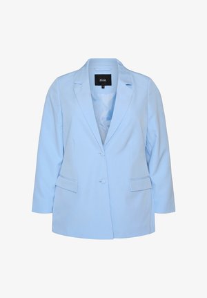 Svetlomodré dámske sako so špiceľovými goliermi, dvoma prednými gombíkmi, klopovými vreckami a hladkou podšívkou, veľkosť 44 od značky Zizzi.
