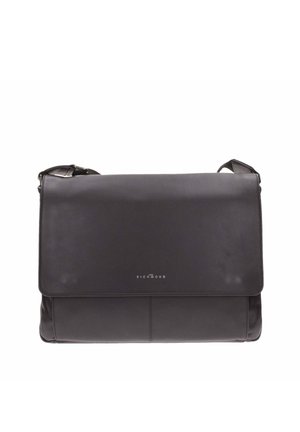 Black leather messenger bag with a smooth finish, flap closure, adjustable shoulder strap, and embossed brand name on the front.
