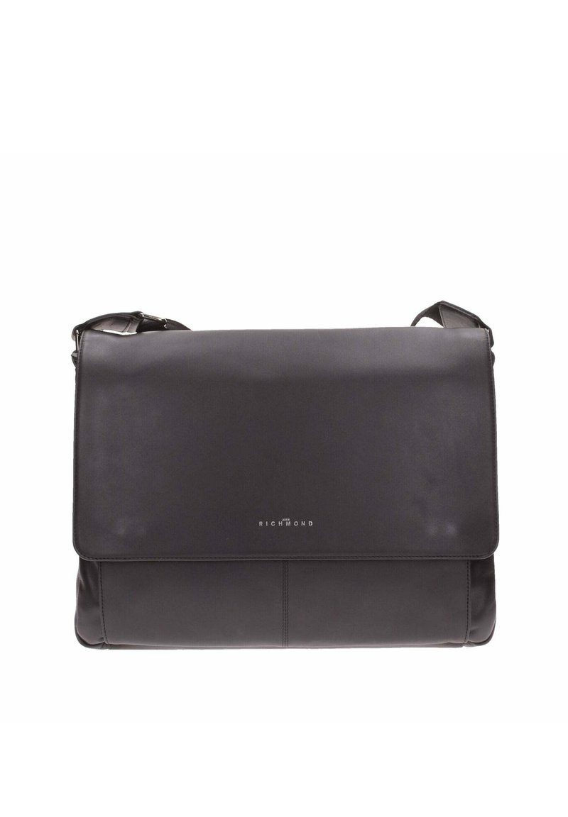 Black leather messenger bag with a smooth finish, flap closure, adjustable shoulder strap, and embossed brand name on the front.