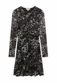 Abito nero con maniche lunghe, caratterizzato da un motivo astratto monocromatico misto. Orlo a strascico e tessuto morbido. Etichetta del marchio visibile.