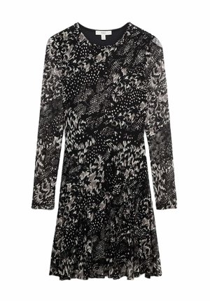 Abito nero con maniche lunghe, caratterizzato da un motivo astratto monocromatico misto. Orlo a strascico e tessuto morbido. Etichetta del marchio visibile.