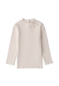 Maglione a collo alto a coste in morbido tessuto beige, con maniche lunghe e un piccolo fiocco decorativo sulla spalla sinistra.