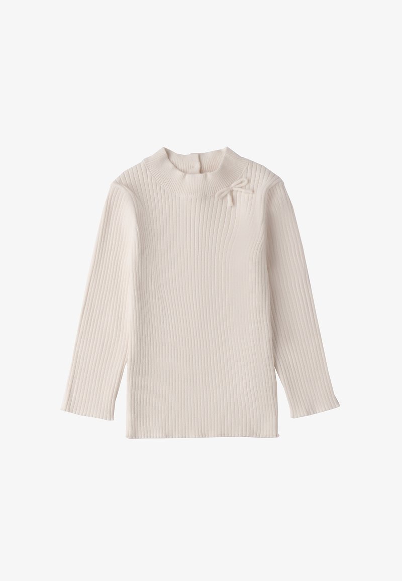 Maglione a collo alto a coste in morbido tessuto beige, con maniche lunghe e un piccolo fiocco decorativo sulla spalla sinistra.