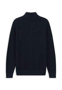 Schwarzer Pullover mit langen Ärmeln und gerippten Bündchen, Saum und Kragen, von hinten vor einem weißen Hintergrund präsentiert.