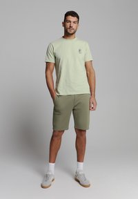 Lichtgroene, katoenen t-shirt met korte mouwen en een grafisch ontwerp op de borst; gecombineerd met olijfgroene shorts; grijze sneakers; witte enkelsokken.