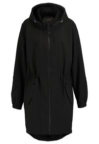 Manteau long noir à capuche avec fermeture éclair frontale, taille élastique, poches latérales avec rabat, et poignets élastiques.