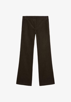 Pantaloni a gamba larga in corduroy marrone con una texture liscia, dotati di due tasche laterali e dettagli di cucitura lungo la vita.