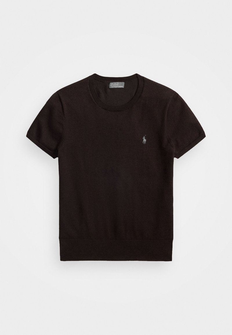 T-shirt noir à manches courtes en tissu doux, avec un col rond et un petit logo brodé sur la poitrine gauche.