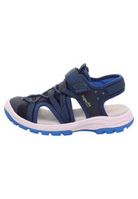 Marineblaue Sandalen mit einem Netzdesign, verstellbarem Riemen und einer rosa-blauen Gummisohle. Sie verfügen über eine gepolsterte Innensohle für zusätzlichen Komfort.