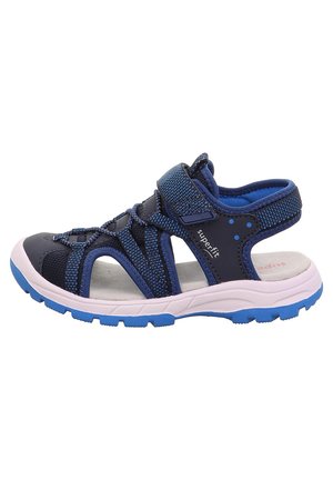 Marineblaue Sandalen mit einem Netzdesign, verstellbarem Riemen und einer rosa-blauen Gummisohle. Sie verfügen über eine gepolsterte Innensohle für zusätzlichen Komfort.