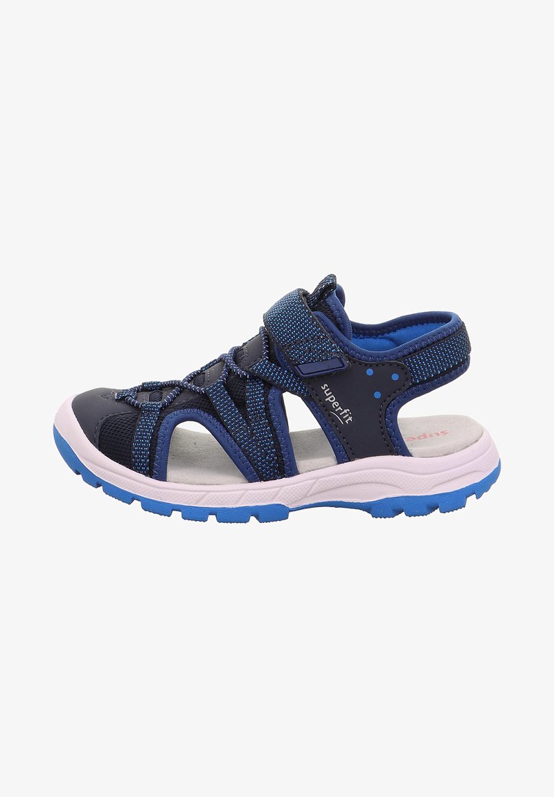 Marineblaue Sandalen mit einem Netzdesign, verstellbarem Riemen und einer rosa-blauen Gummisohle. Sie verfügen über eine gepolsterte Innensohle für zusätzlichen Komfort.