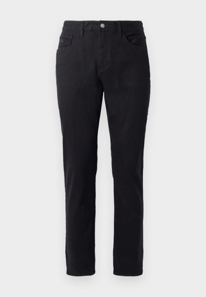 Pantaloni negri din bumbac, cu un design drept, având închidere cu nasture, două buzunare frontale și o textură netedă.