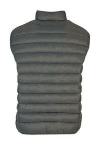 Padded brezka v temno sivi barvi. Ima visok ovratnik in horizontalne šive. Material se zdi gladek z mat površino. Brez sprednjih odprtin.