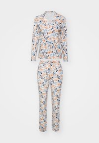 Blumiges Pyjama-Set aus leichtem Stoff. Langärmeliges Oberteil mit Revers und Hose mit elastischem Bund. Die Farben umfassen Orange, Blau und Weiß.