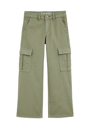 Pantalons cargo vert clair avec jambes larges, deux poches latérales et deux poches avant. Fabriqué en tissu résistant, avec une fermeture à bouton à la taille.