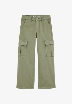 Svetlozeleni cargo hlače širokih nogavica, z dvema stranskima žepekoma in dvema sprednjima žepekoma. Narejene iz trpežnega blaga, s stikom na pasu.