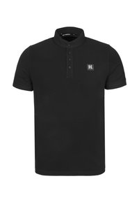 Musta polo-paita, jossa on korkea kaulus, napitus ja pieni logo-ommel. Valmistettu sileästä kankaasta, jossa on istuva muotoilu.