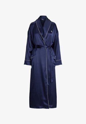 Laivastonsininen satiinipitkä aamutakki valkoisilla saumauksilla, huivikääntötakilla, sivutaskuilla ja vyötärösoljella.