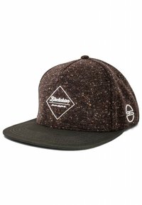 Brown snapback hat with a textured fabric, featuring a white diamond logo patch and a dark green brim. Accents include multicolored flecks.