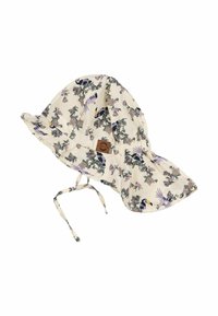 Breiter Hut aus Stoff mit einem cremefarbenen Hintergrund, der ein tropisches Blumen- und Vogelmotiv zeigt. Enthält einen Kinnriemen mit verstellbaren Bindebändern.