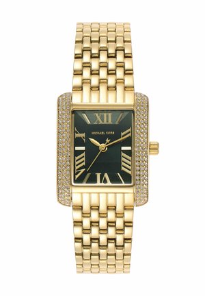 Goldfarbene rechteckige Armbanduhr mit schwarzem Zifferblatt, römischen Zahlen, funkelnden Steinen an den Gehäuseseiten und Gliederarmband.