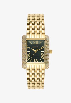 Goldfarbene rechteckige Armbanduhr mit schwarzem Zifferblatt, römischen Zahlen, funkelnden Steinen an den Gehäuseseiten und Gliederarmband.