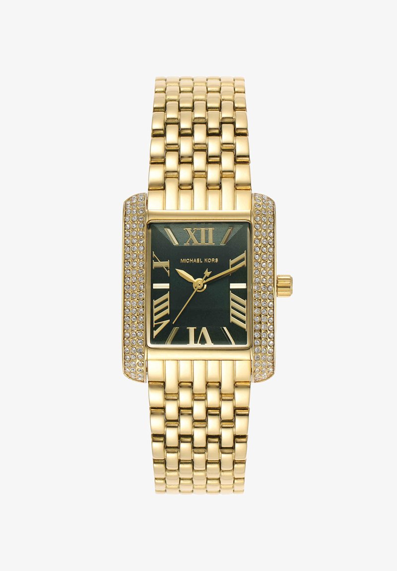 Gold-tone rectangular wristwatch with black dial, Roman numerals, sparkling stones on case sides, and linked bracelet strap.
