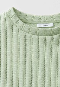 Lys grøn strikket sweater med ribbet struktur, rund halsudskæring og et mærke med teksten "OPUS." Designet har lodrette striber.