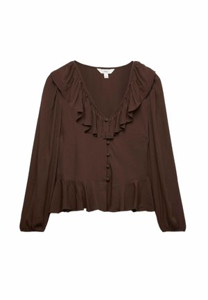Blouse marron à manches longues avec un col en V à volants, un devant boutonné et un ourlet à volants.