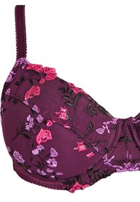 Ljubičasti vezeni grudnjak s cvjetnim uzorcima u ružičastoj i lavandi, s teksturiranom tkaninom i podešivim naramenicama.