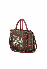 Sac fourre-tout avec un motif à carreaux vert et bordeaux, bords effilochés, texte "Saint Barth" brodé, et deux poignées bordeaux.