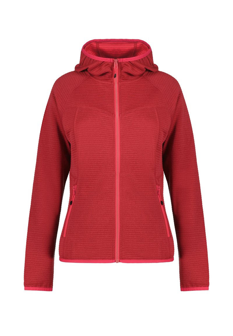 Rode fleece jack met een gek textured ontwerp, rits aan de voorkant, capuchon en roze accenten. Bevat twee ritssluitingen aan de zijkanten.
