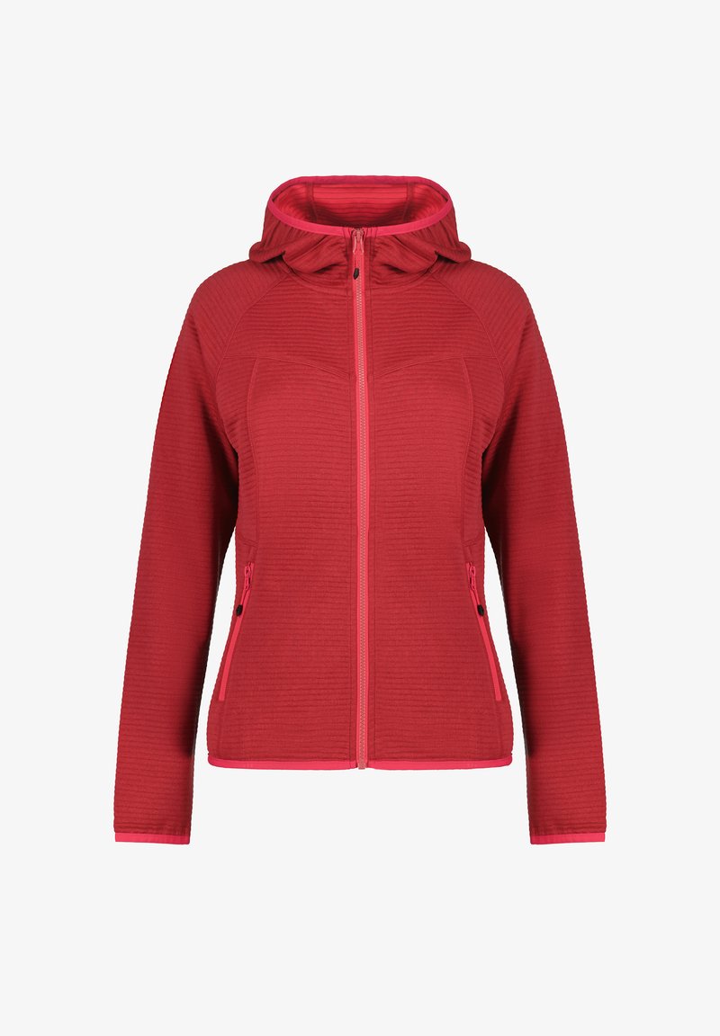 Rød fleecejakke med tekstureret design, lynlås foran, hætte og lyserøde detaljer. Har to lynlåslommer på siden.