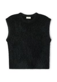 Juodas be rankovių megztinis, pagamintas iš pūkuotos medžiagos, su apvaliomis iškirptėmis, švelnia tekstūra ir kvadratiniu siluetu. Paprastas dizainas, be raštų.